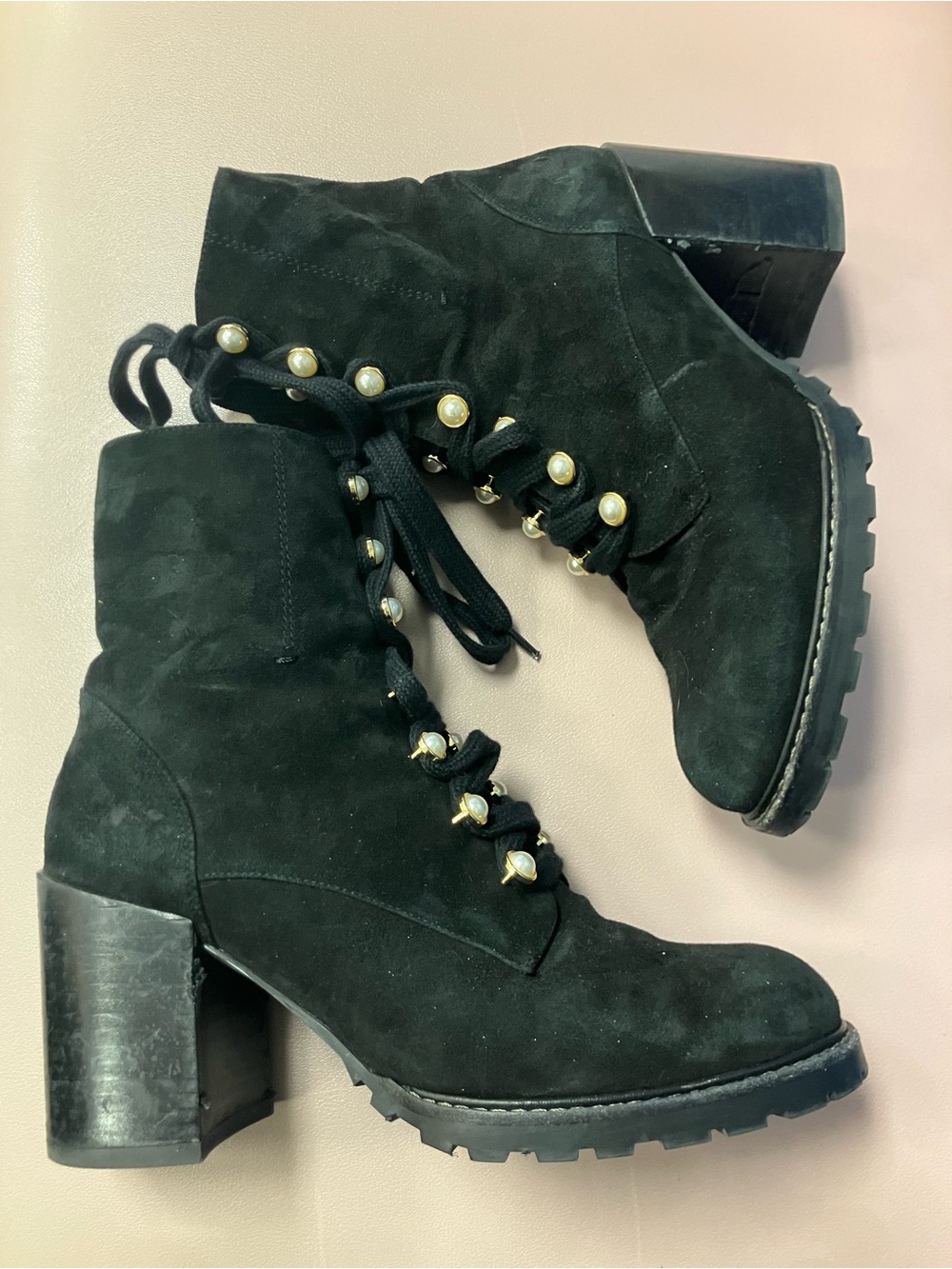 Stuart Weitzman Black Lace-Up Suede Ankle Boots with Pearl Eyelets